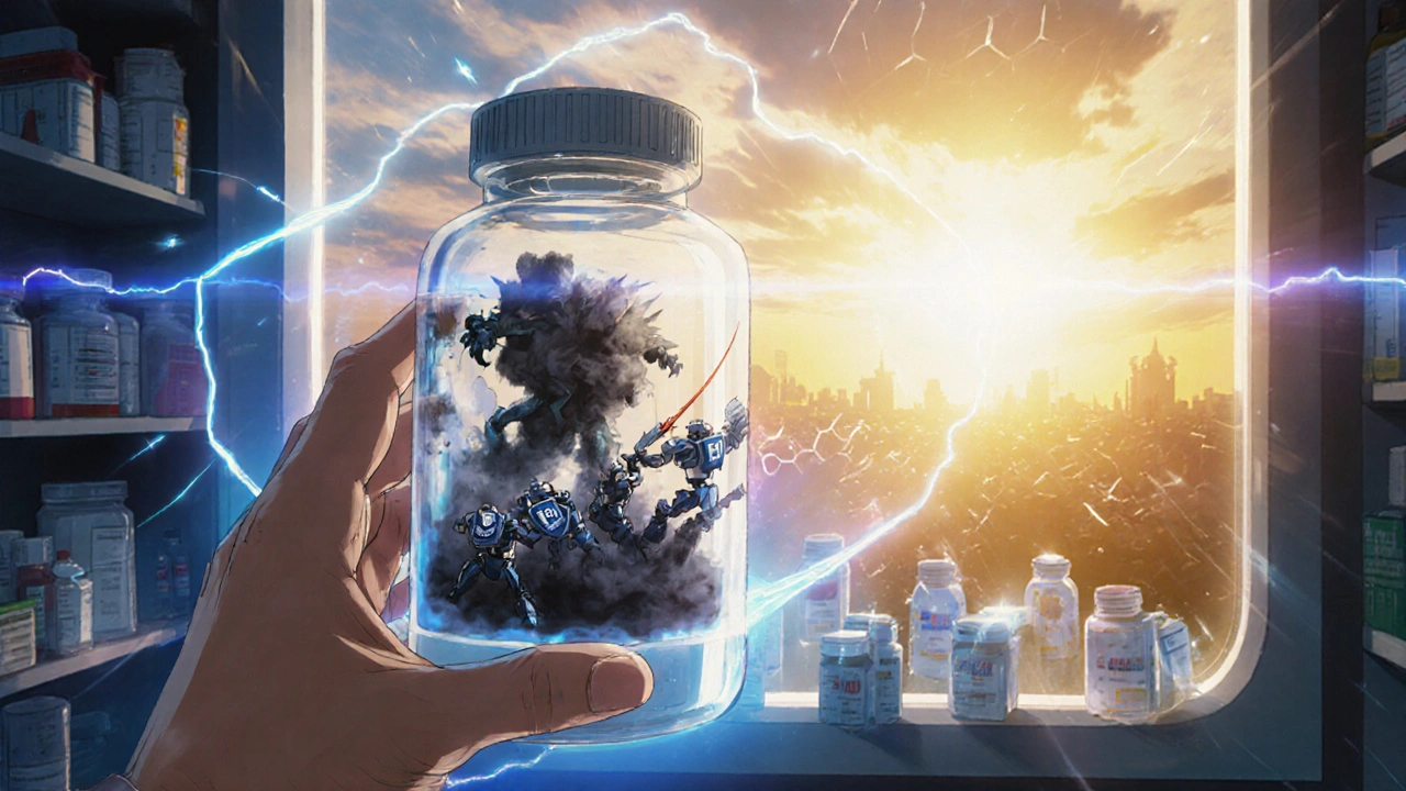 A patient&#039;s hand reaches for a pill bottle that transforms into a shield showing microscopic robot warriors fighting chemical monsters.