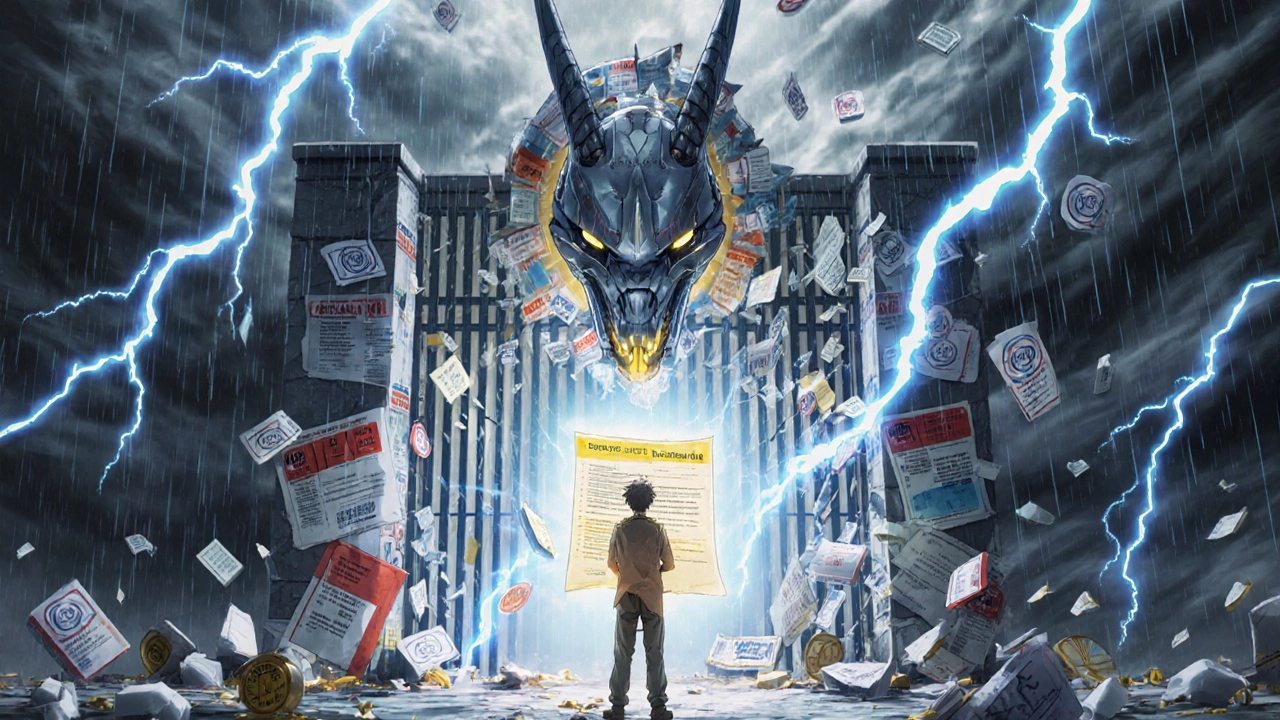 A patient confronts a dragon made of prescription labels, holding a glowing exception request as rejected drugs fall like rain.