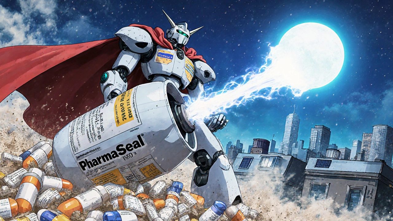 A pharmacist robot defeats degraded meds with a desiccant canister, clearing humid air over a city.