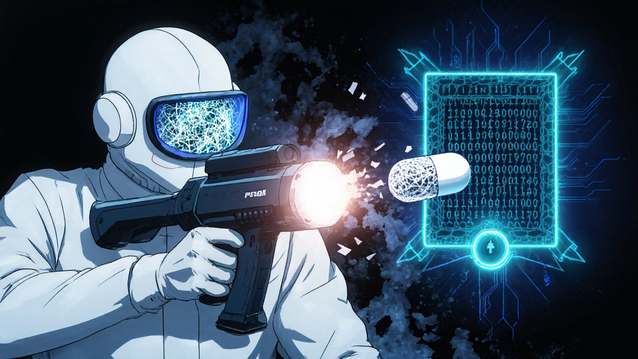 A pharmacist uses a scanner to verify a pill’s molecular tag, while a counterfeit pill turns to ash.