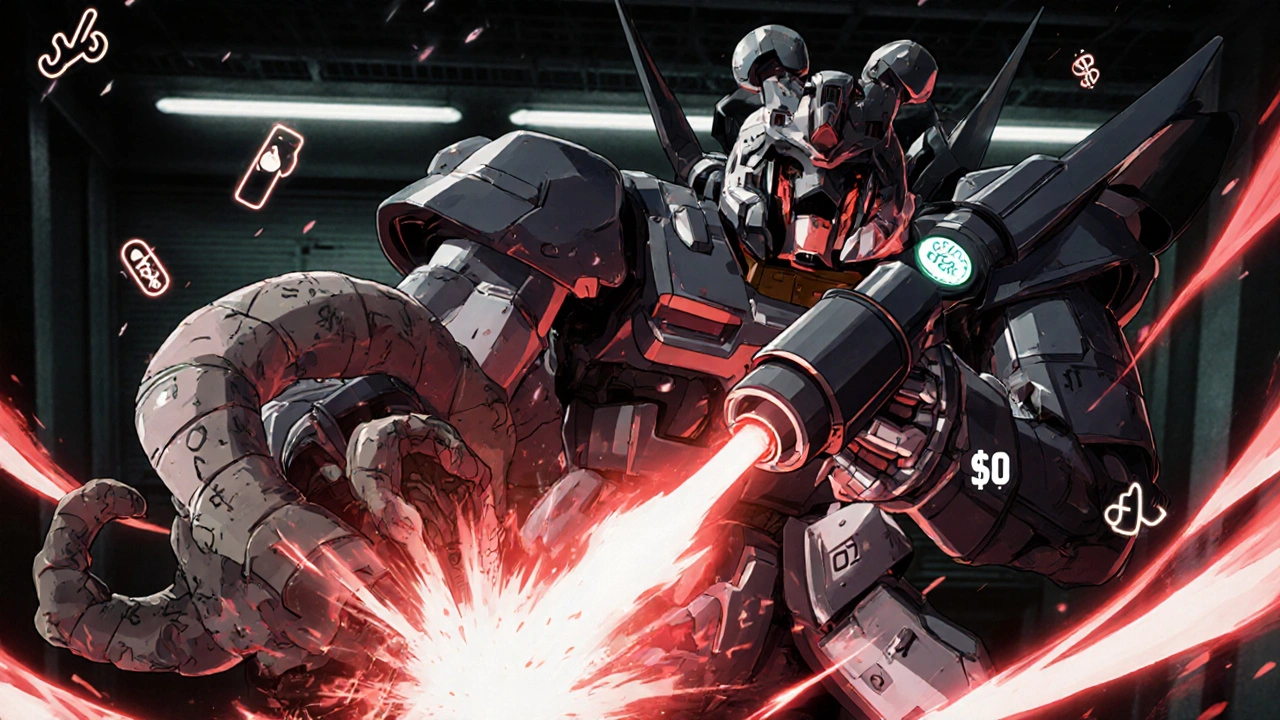 A robot with a droperidol cannon destroys a nausea beast amid ECG readouts.