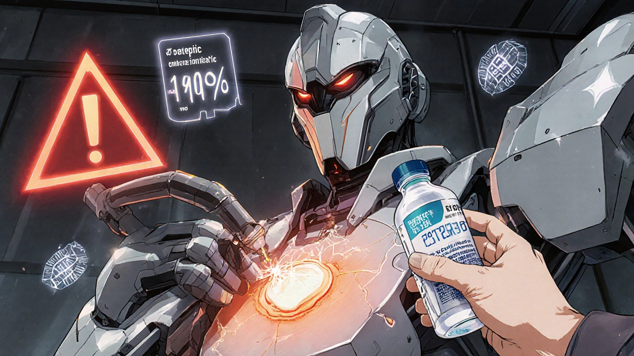 A robotic medic applies antibiotic ointment as a hologram shows infection prevention stats.