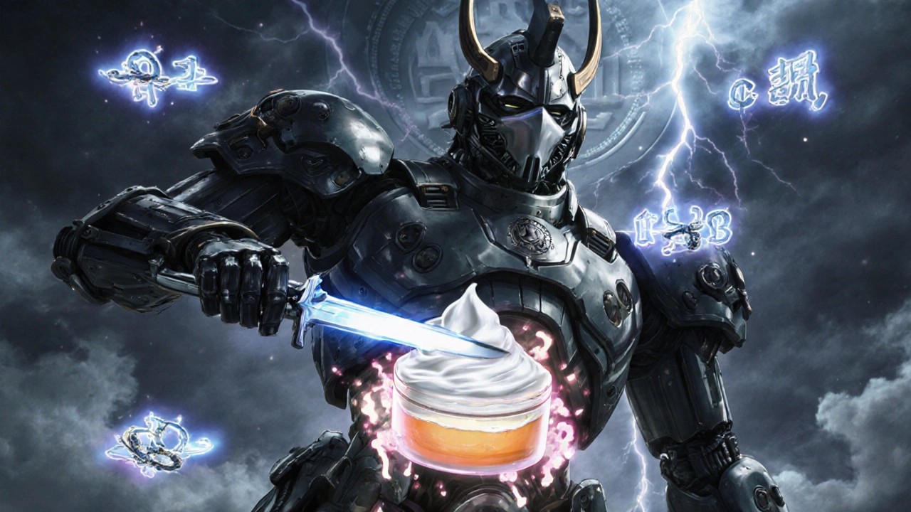 A robotic scientist analyzes a cream’s layers as glowing Q1-Q2-Q3 symbols hover in the air.