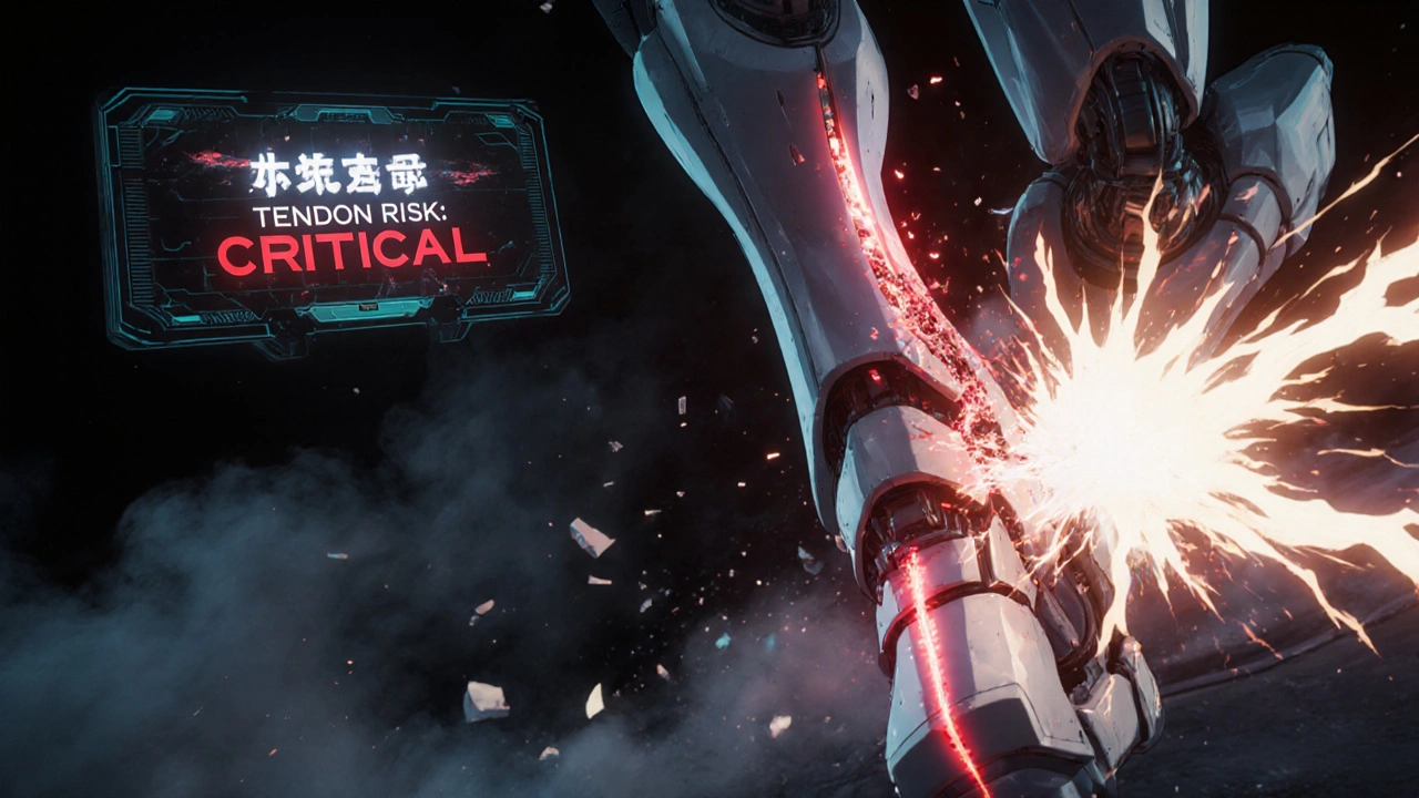 A robotic tendon snapping violently with energy shards flying, representing tendon rupture risk.