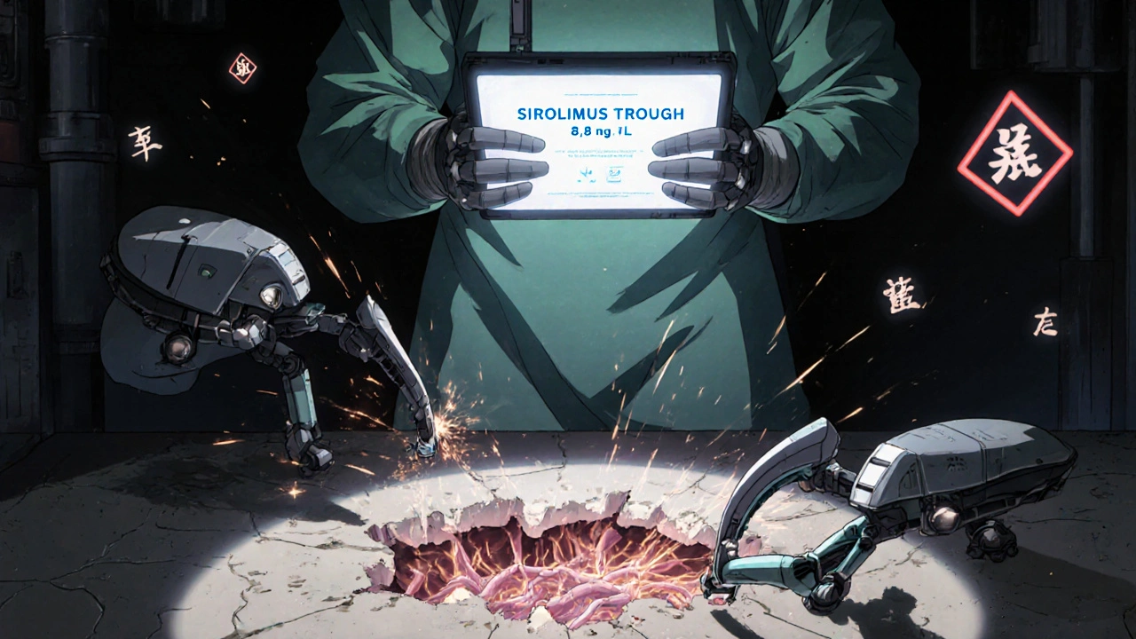 A surgeon monitors high sirolimus levels as robotic fibroblasts struggle to repair collagen under drug sludge.