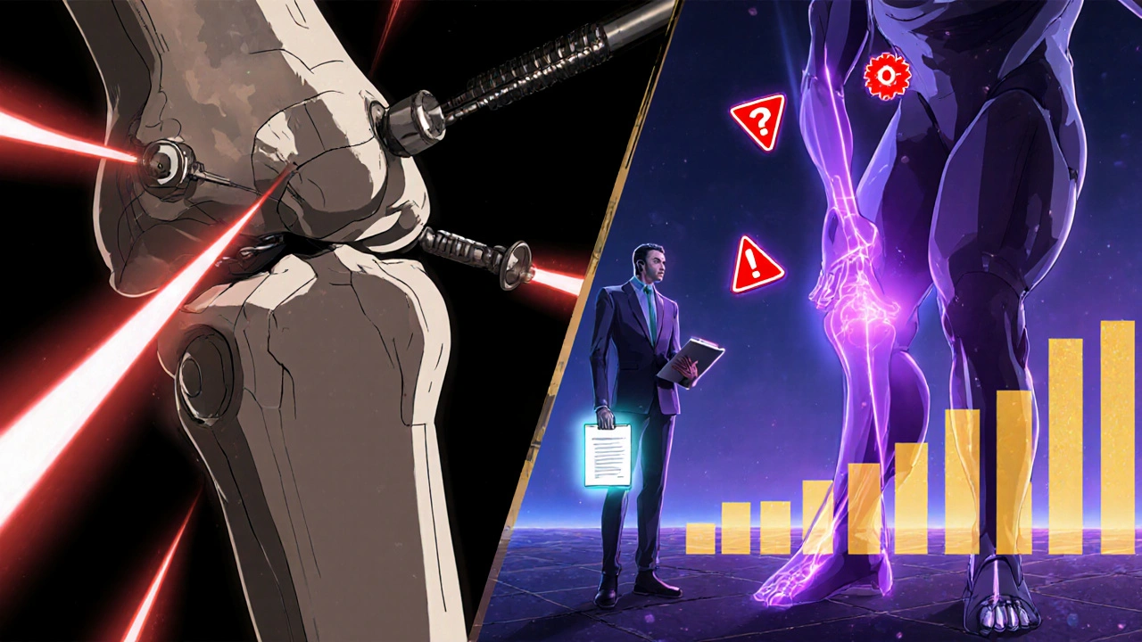 A tendon under laser injections versus a calm isometric hold with pain signals shutting down.