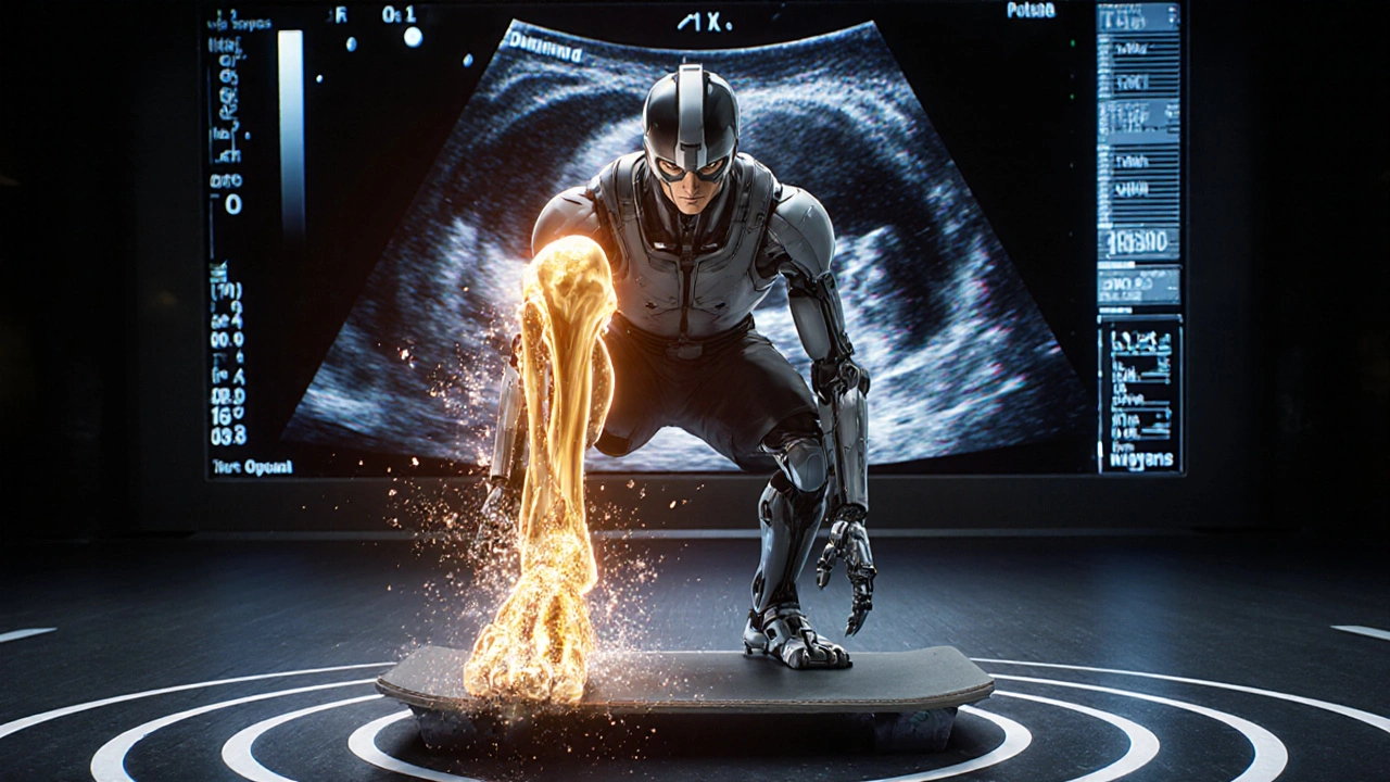 An athlete performing a decline squat with a glowing patellar tendon reforming under resistance.