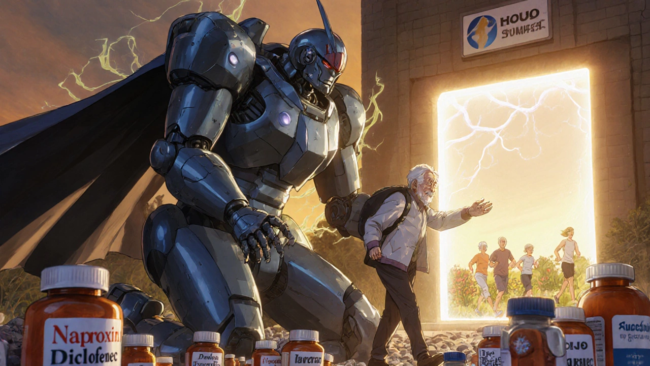 An elderly person climbs a mountain of pills as a giant Arcoxia mech offers a hand of light, leading to a healthy future.