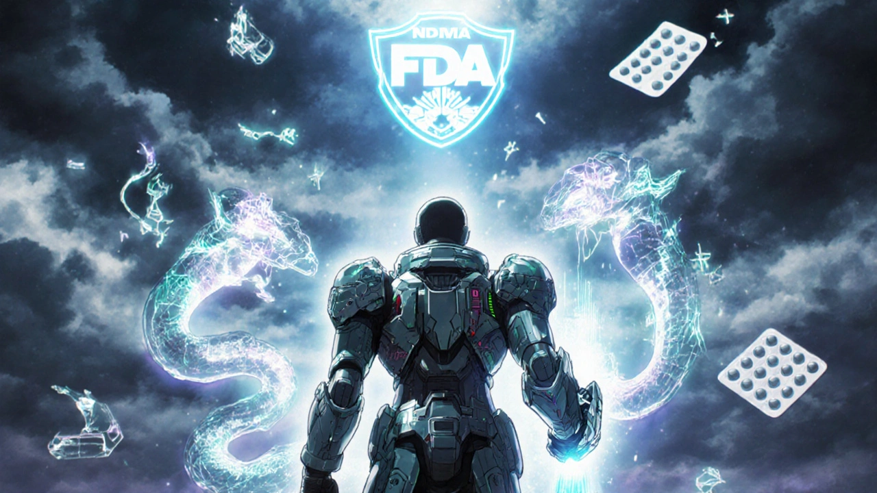 An engineer uses a pill-shaped device to neutralize glowing chemical serpents on a holographic display.