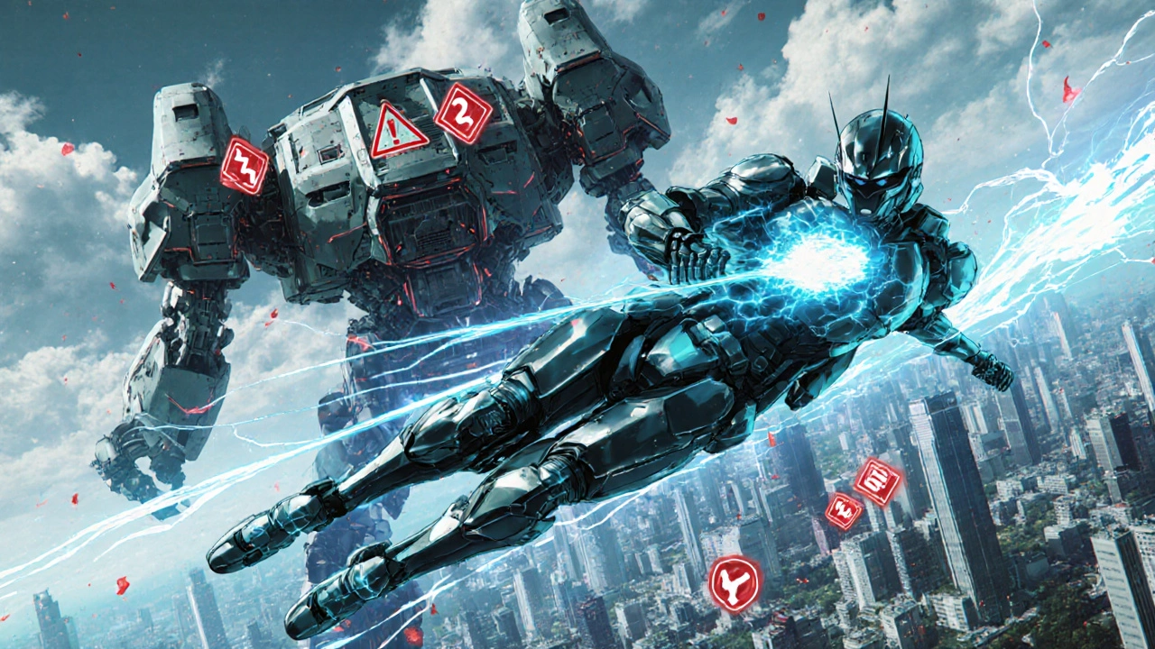 Fluconazole robot flying through neutral pH sky while warfarin drone pulses with red warnings.