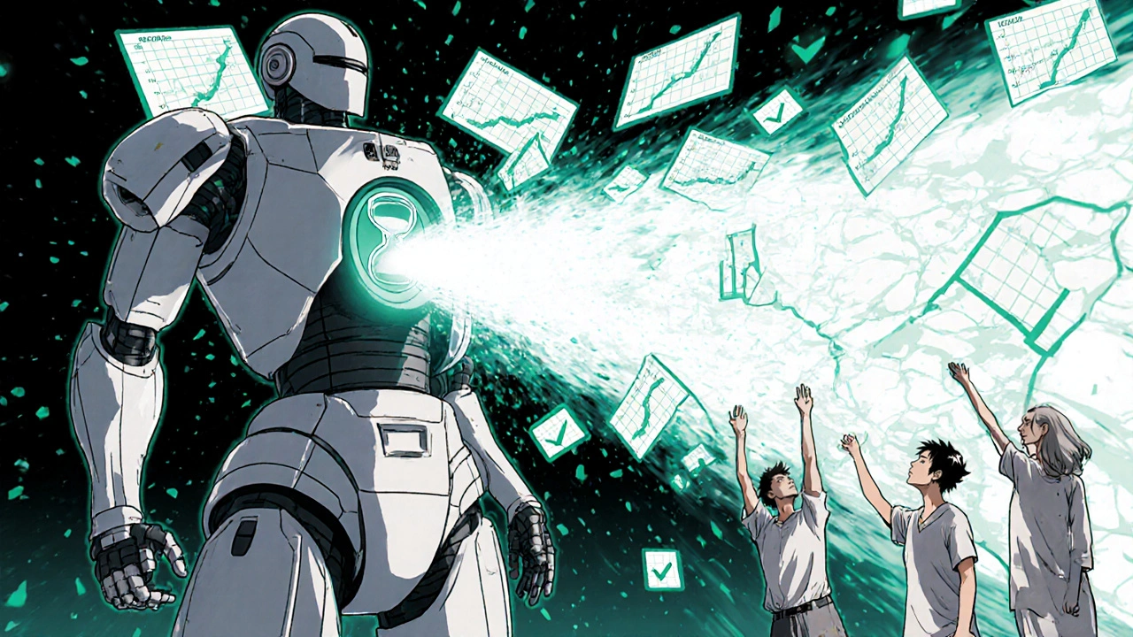 Futuristic time-core machine launching medicine pulses, old systems crumbling to dust