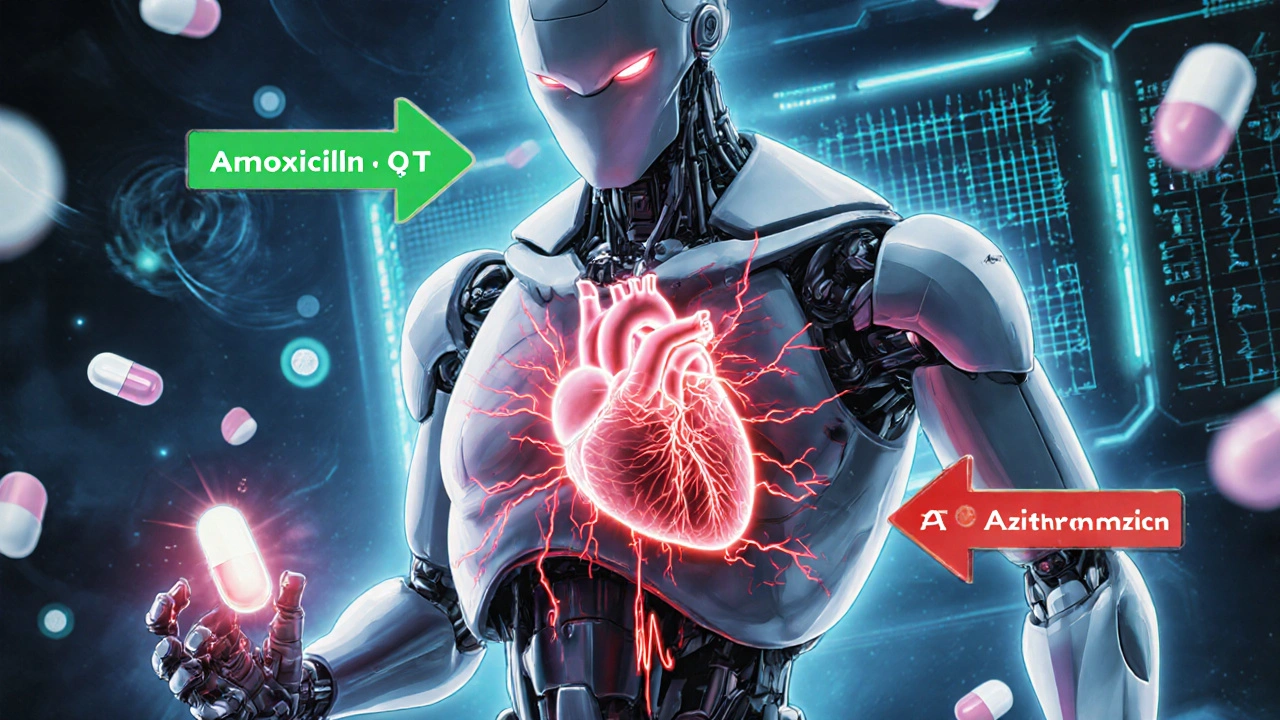 Medical robot with exposed heart showing distorted ECG signals, contrasting safe and dangerous pills.