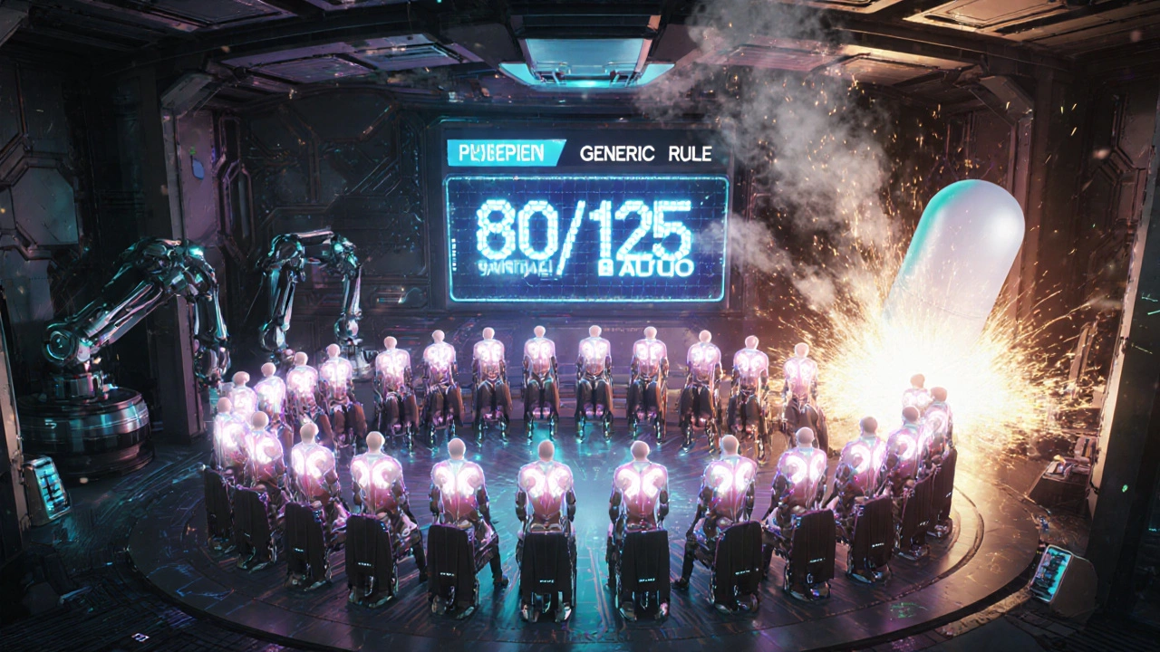 Robotic arms draw blood from volunteers in a high-tech lab with floating drug concentration data.