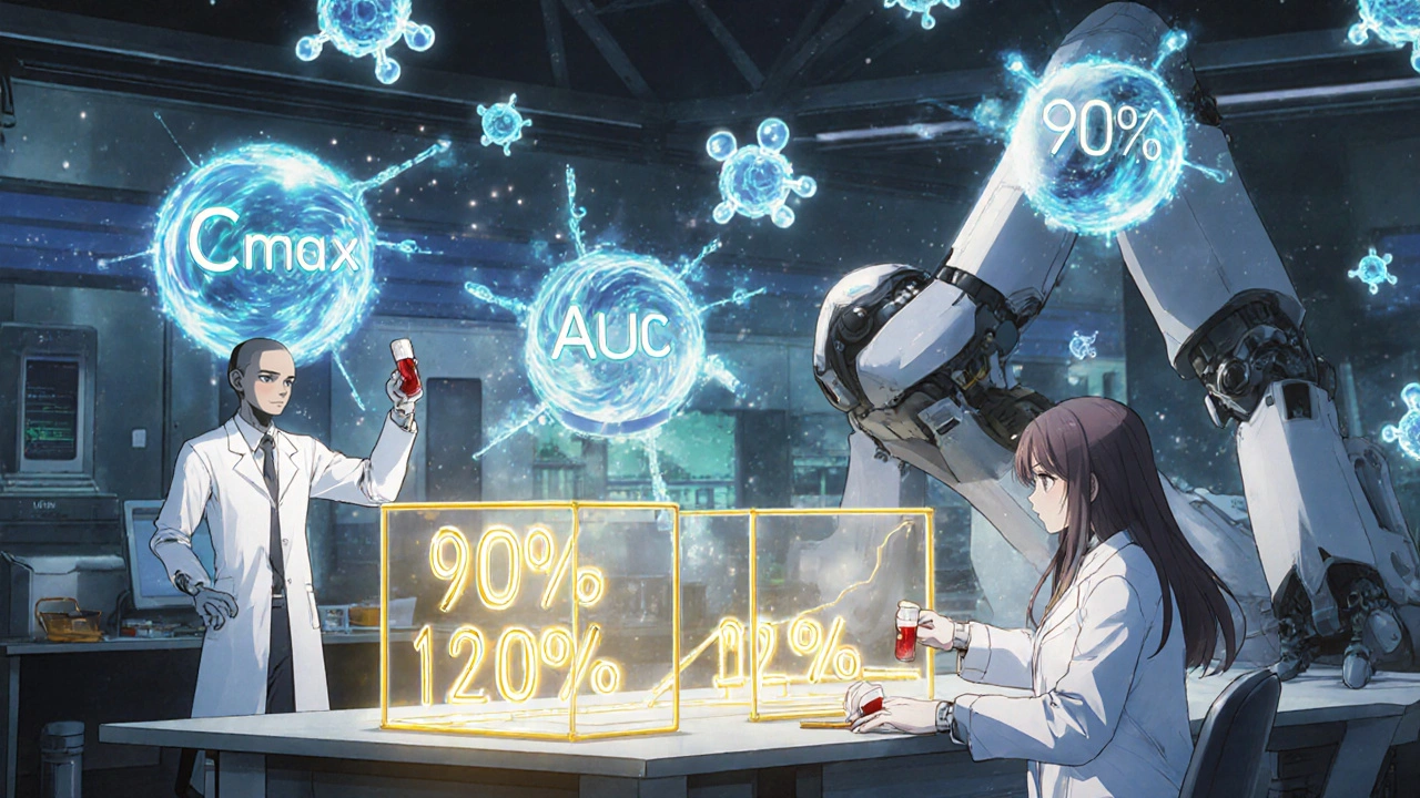 Robotic scientists analyze holographic drug data with floating Cmax and AUC values in a high-tech lab.