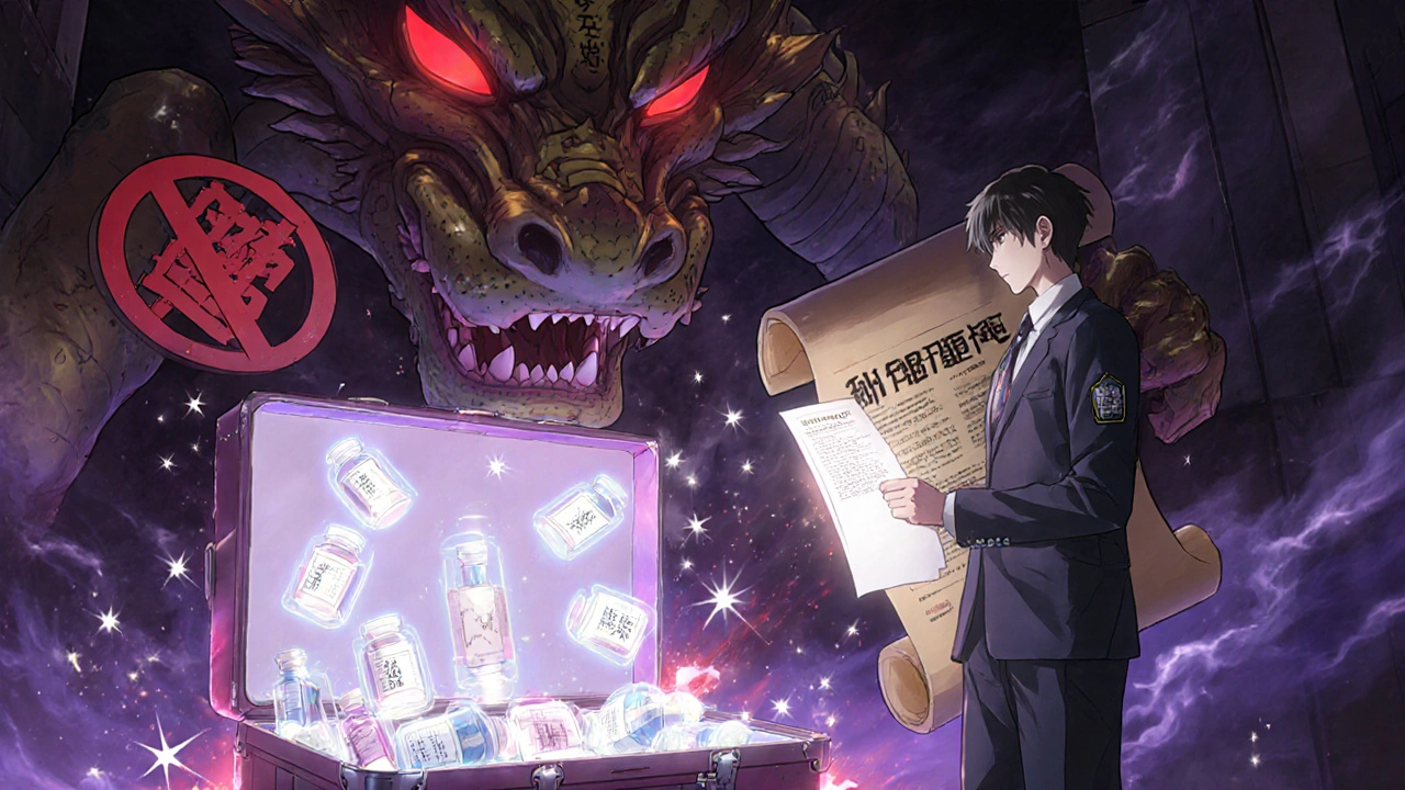 Traveler facing a dragon-like customs AI with glowing pill bottles and a protective doctor’s letter in anime style