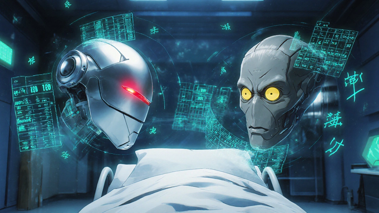 Two robotic painkillers, Etoricoxib and Celecoxib, battle in a digital arena above a patient’s bed with floating health data.