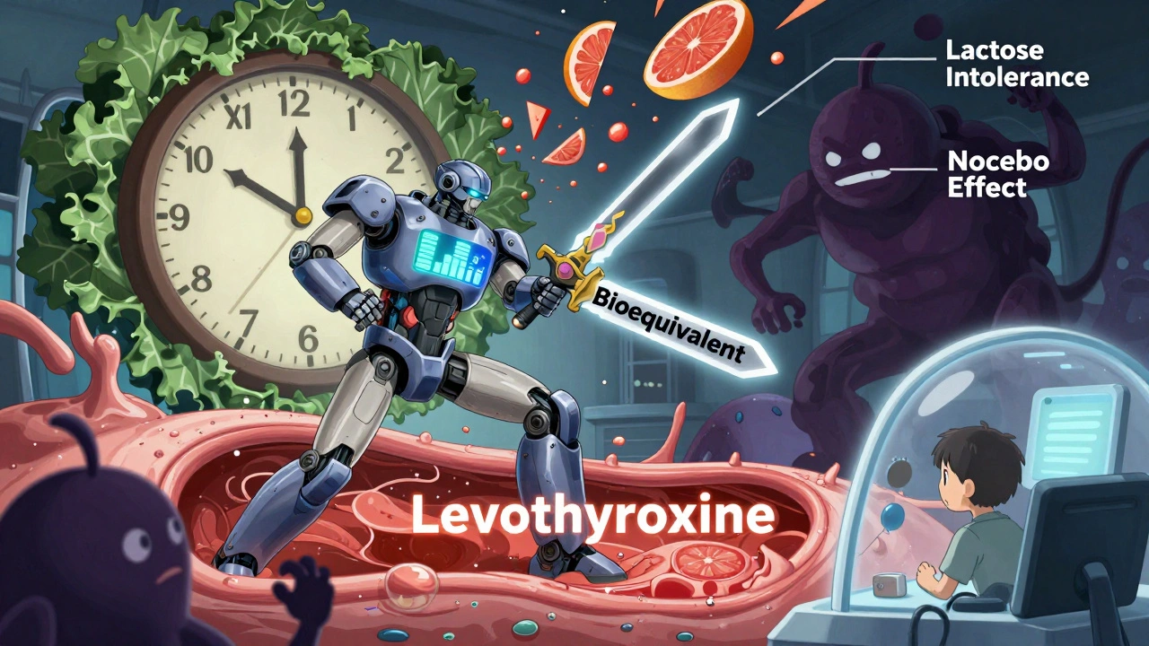 A bio-robot battles lactose and nocebo monsters inside a human body, with kale and grapefruit dissolving into particles.