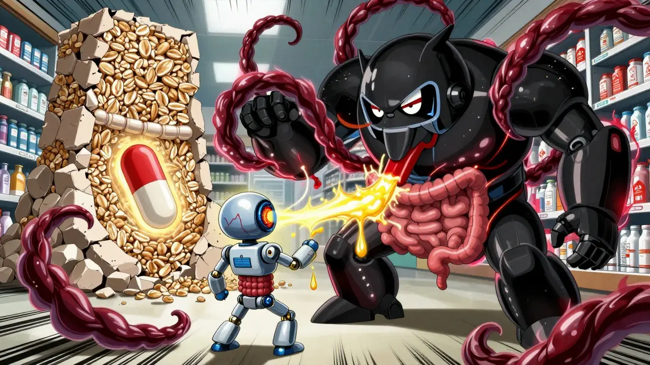 A black licorice monster draining potassium from a patient’s robot body while fiber foods form a crumbling barrier.