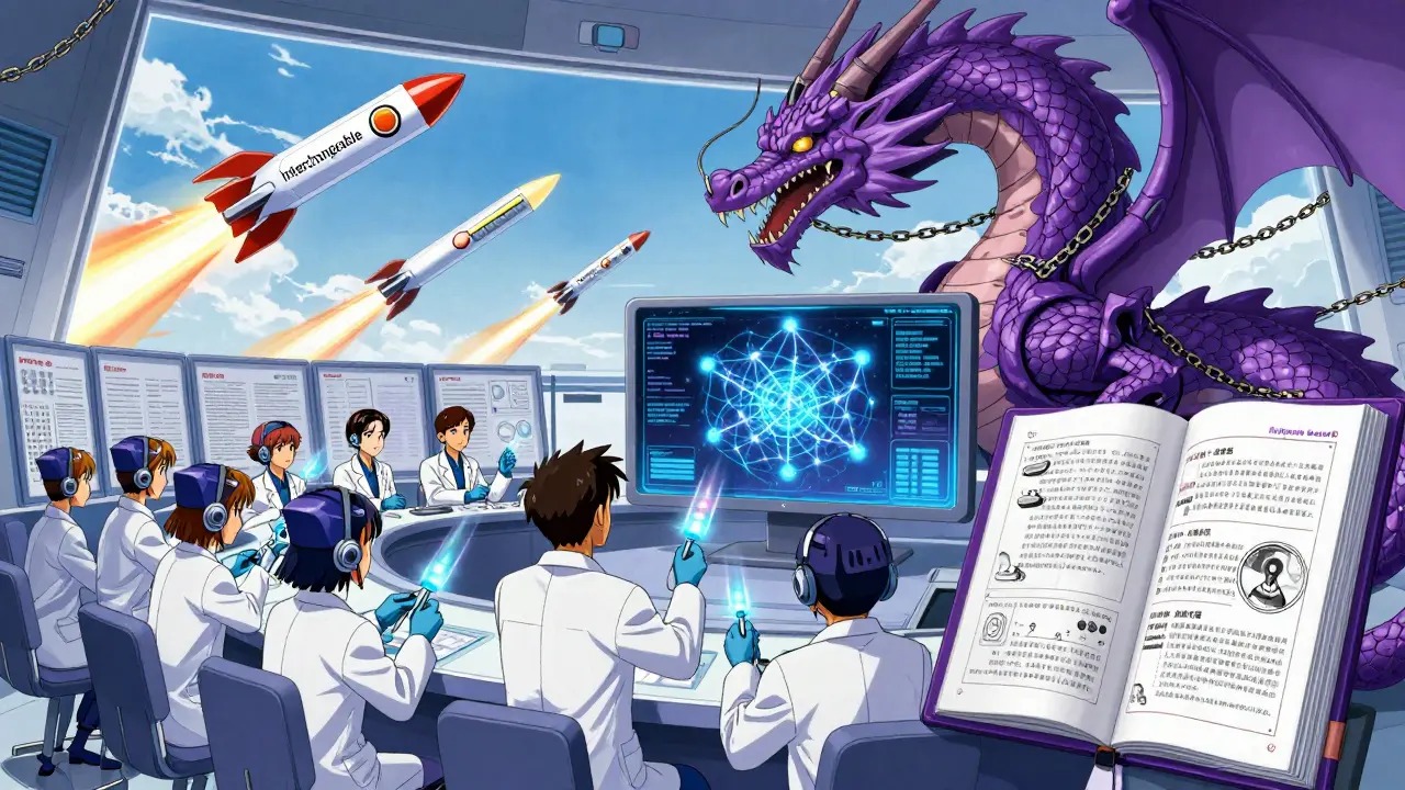 A dragon-shaped FDA control center with digital scales analyzes biosimilars, as AI and robot scientists work under a glowing Purple Book.