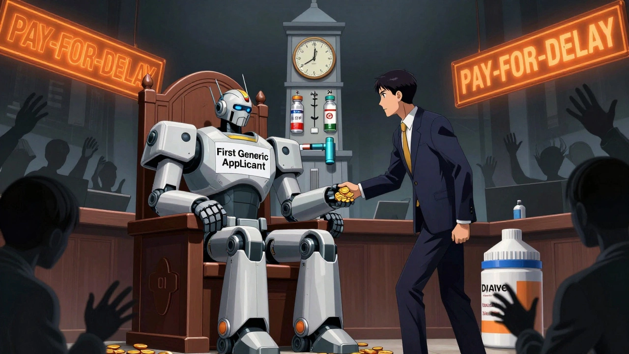 A first generic robot receives payment from brand-name robots while patient silhouettes reach out in a courtroom scene.