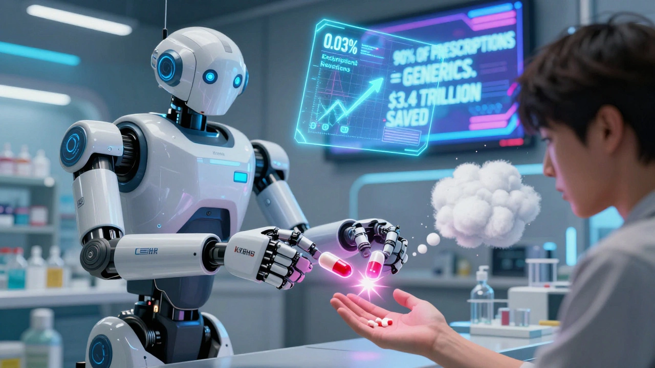 A futuristic pharmacy robot swaps pill capsules while a patient sneezes from a filler reaction, with a savings statistic above.