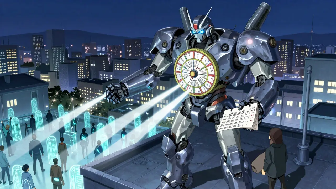 A giant robot on a hospital roof scanning people below with internal health data streams.