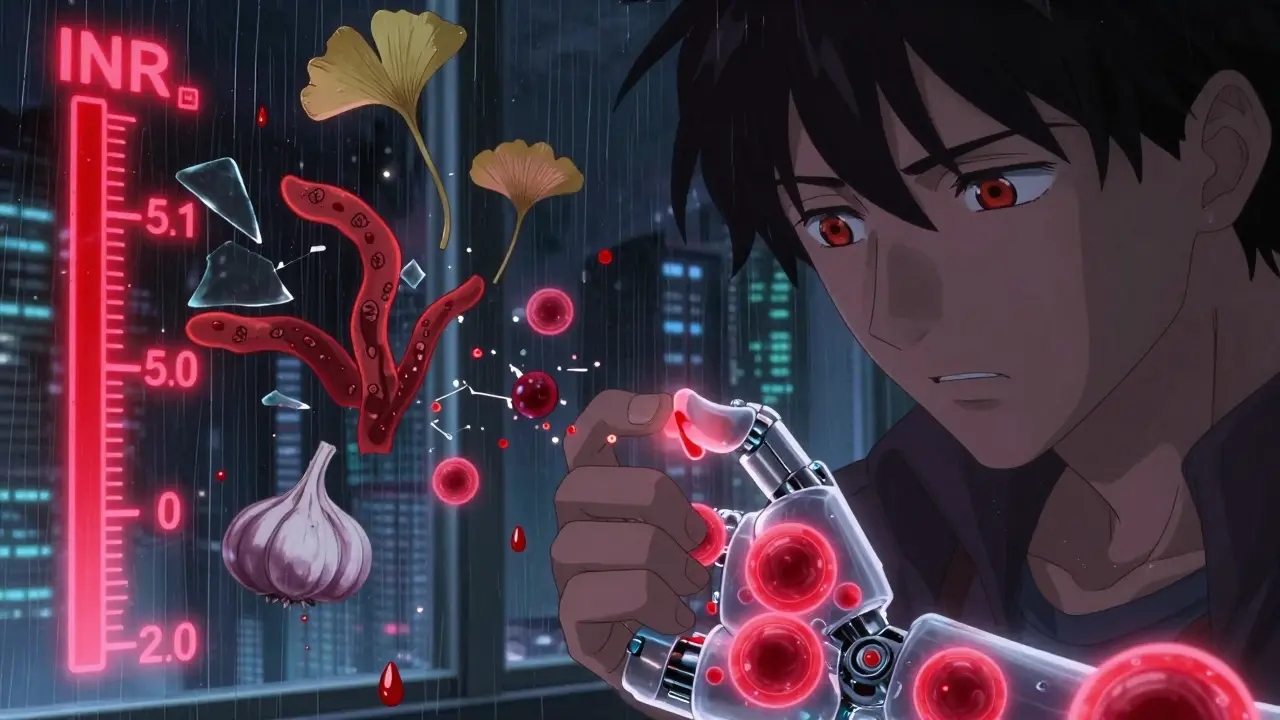 A hand holds a warfarin pill as robotic blood cells struggle to stabilize it against shattering herbs.