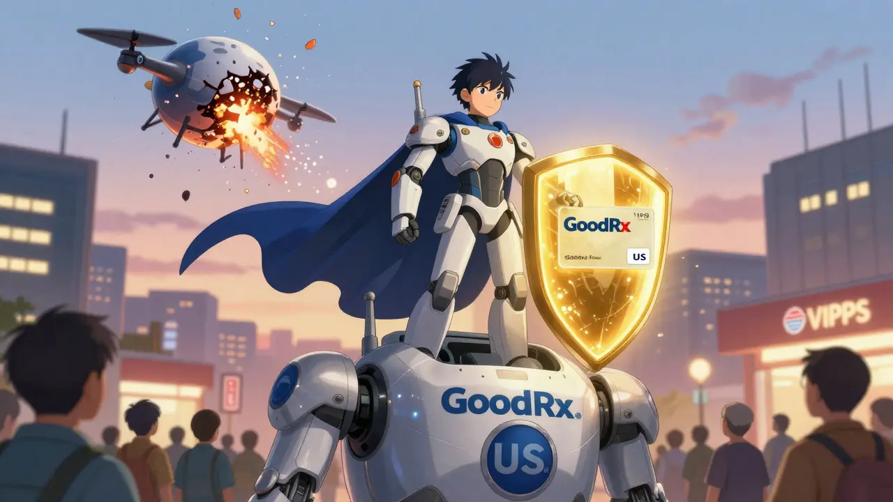 A hero in a medical suit stands on a pharmacy robot, shielding patients with a GoodRx discount card as overseas mail drones explode behind them.