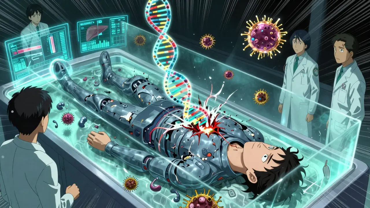 A human body’s DNA is being pierced by viral drones near a cancer gene, with doctors monitoring glowing enzyme spikes.