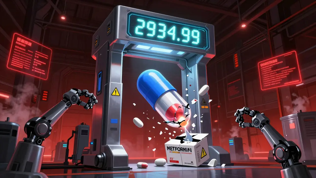 A massive AI customs scanner detects a counterfeit pill inside a metformin capsule, with warning symbols and shattered pills around it.