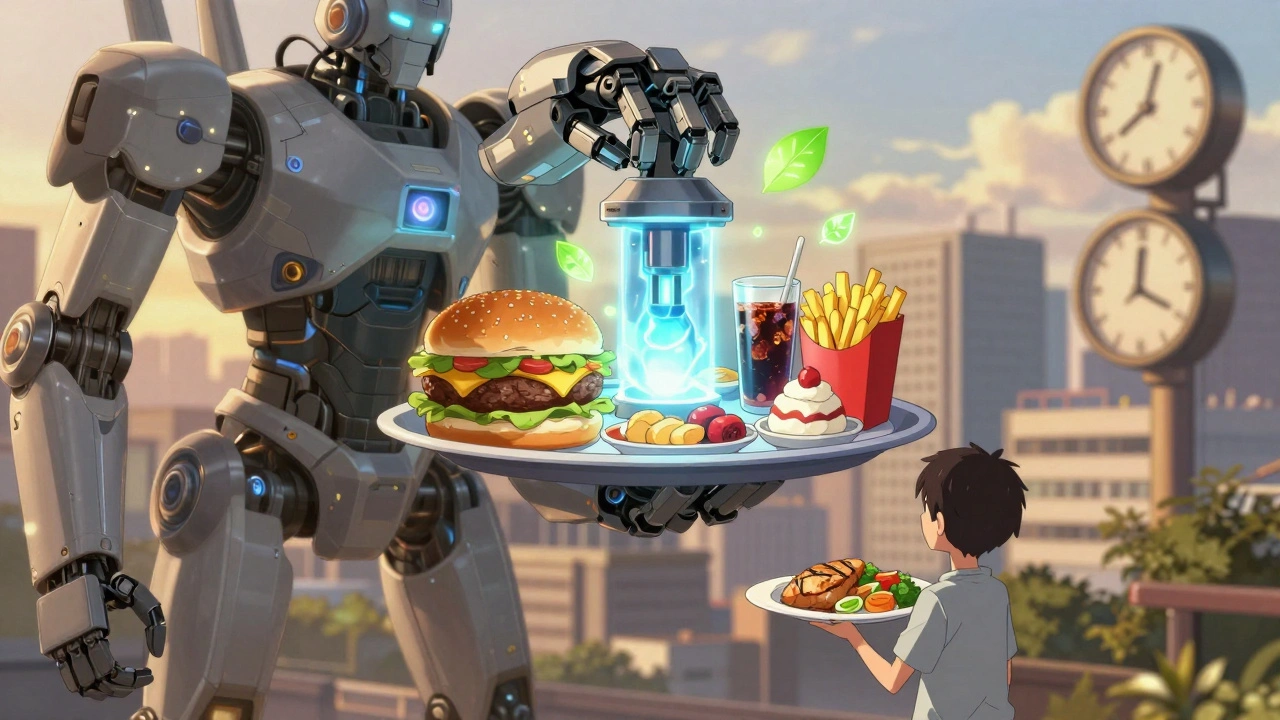 A mechanical arm converting unhealthy weekend meals into clean light and leaves.