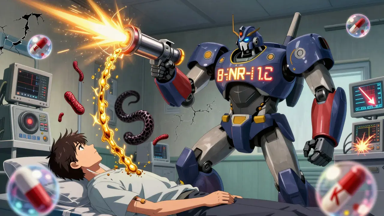 A mechanical hero fires golden clotting factors to reverse warfarin, with vitamin K orbs floating nearby.