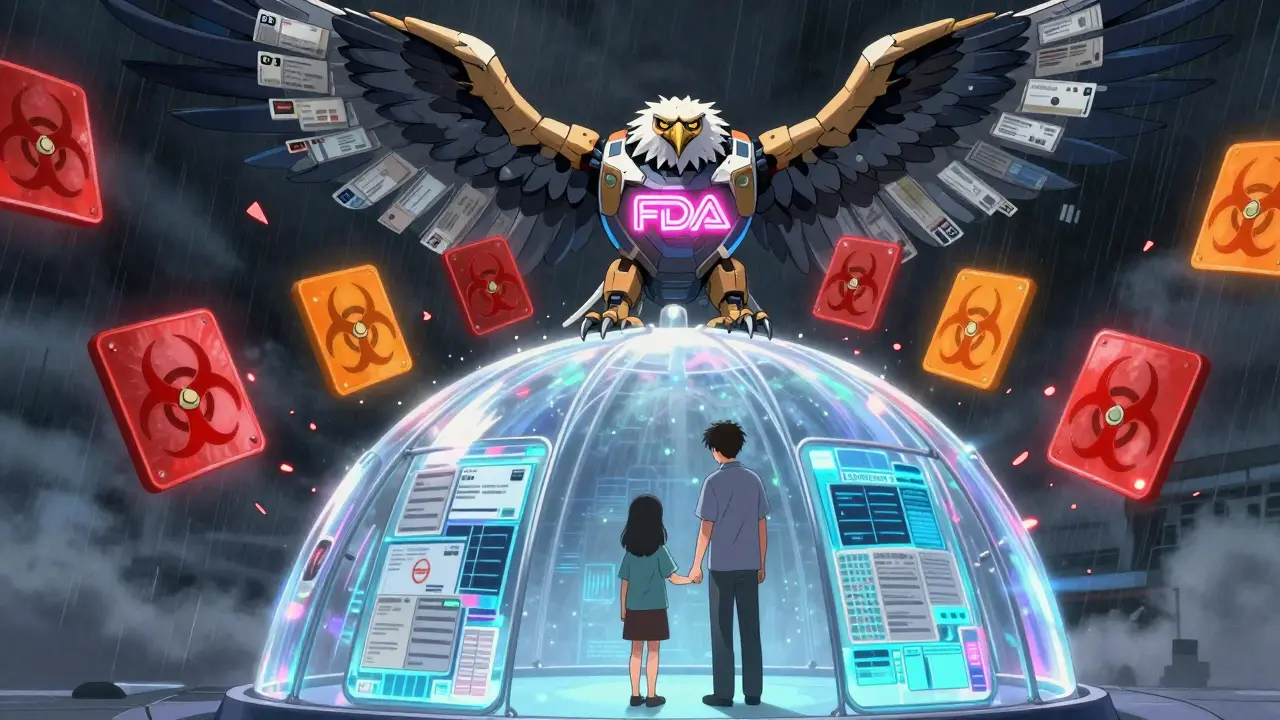 A patient and caregiver are shielded by digital alerts as a robotic eagle destroys hazard symbols above them.