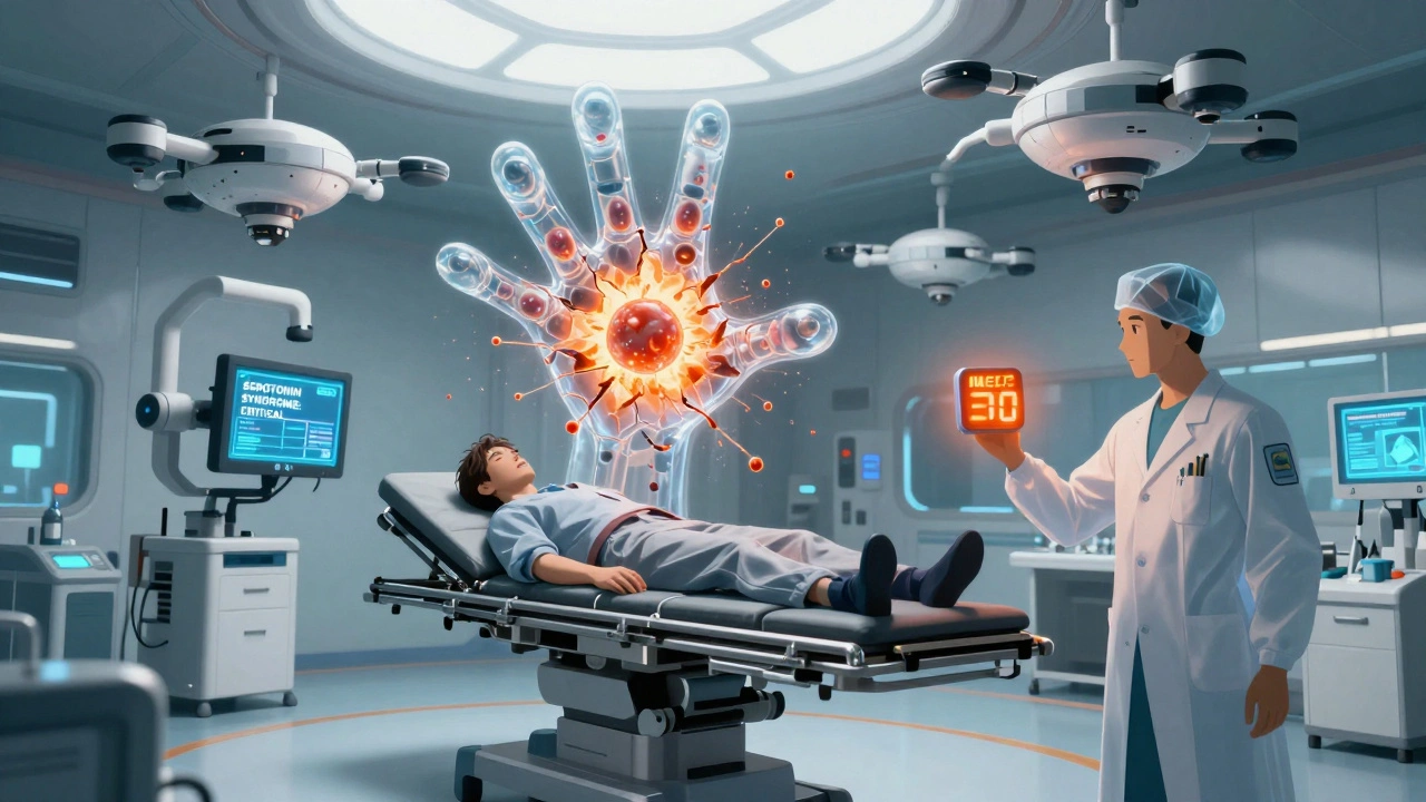 A patient in an ER with serotonin molecules exploding from their body as a countdown timer glows nearby.