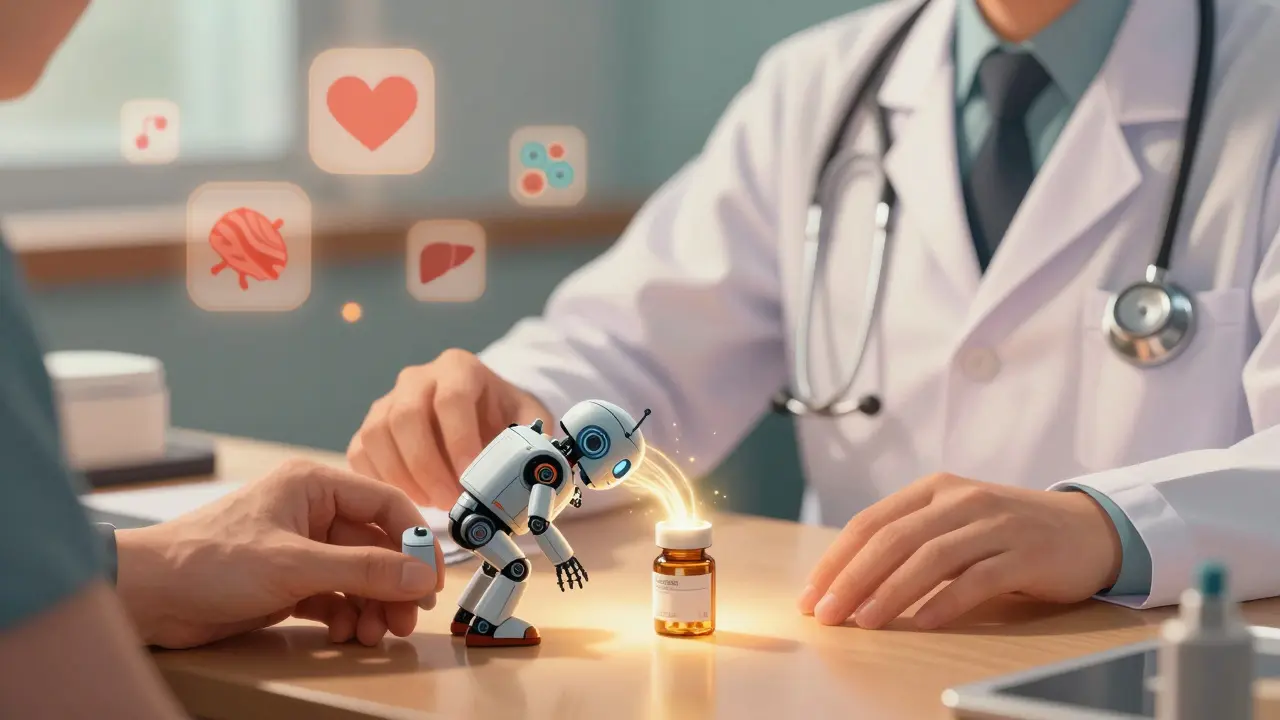 A patient places a supplement bottle on a doctor's desk as it transforms into a respectful robotic figure.