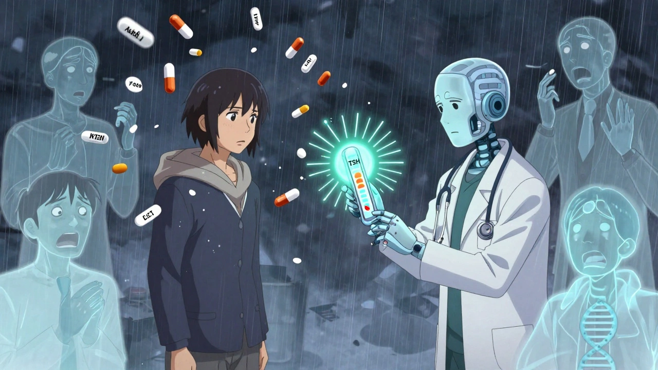 A patient surrounded by floating pill fragments and a glowing TSH meter spiking dangerously, with anime-style emotional reactions.