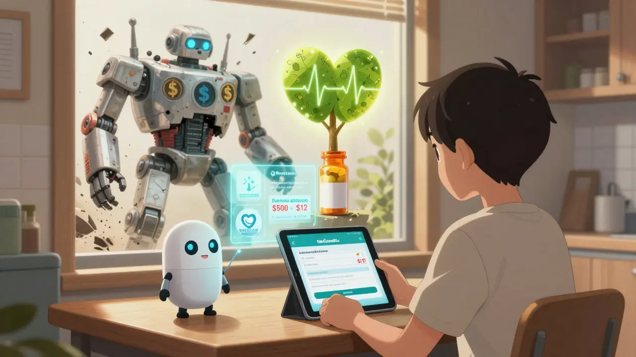 A patient uses a tablet to find affordable meds as a helpful robot projects assistance options nearby.
