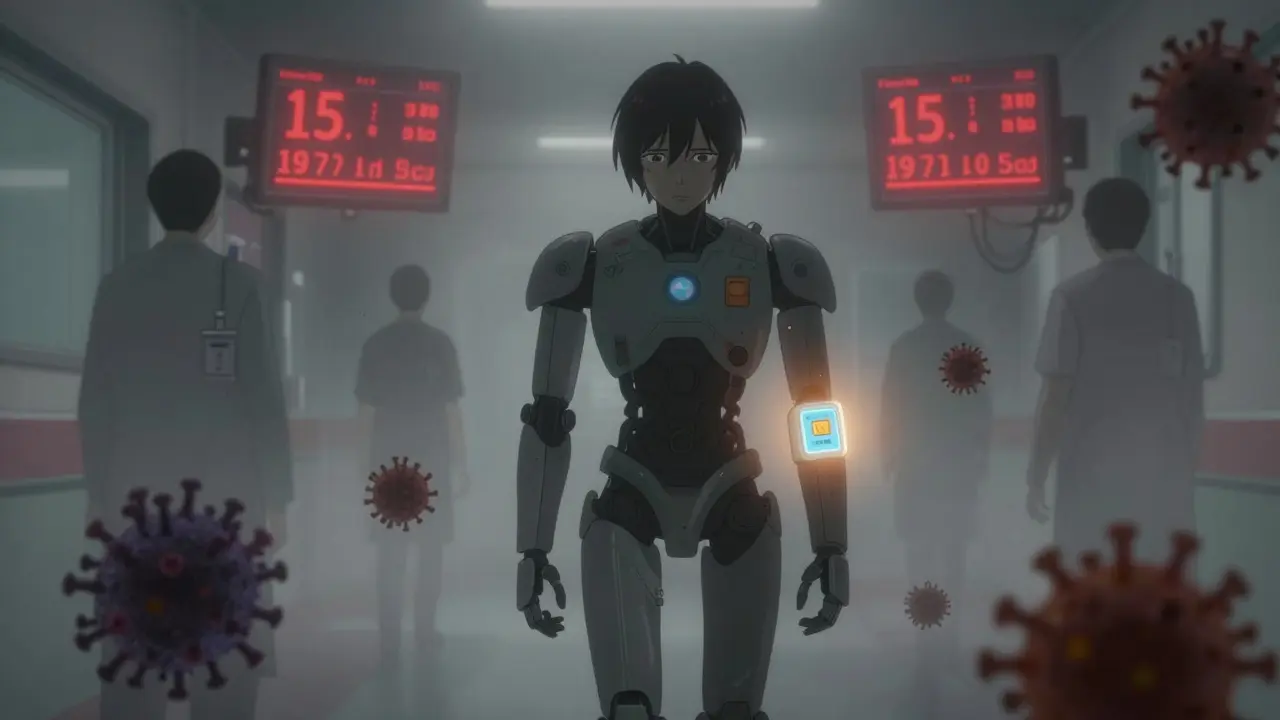 A patient walks through a hospital as invisible viruses spread to doctors’ badges, with a wristband warning of drug risks.