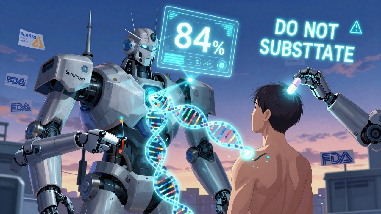 A pharmacogenomic machine connecting to a patient, with robotic arms offering brand and generic pills, warning symbol glowing.