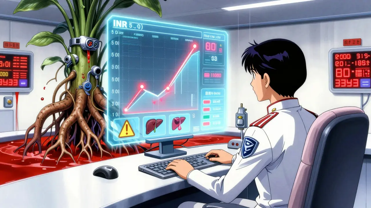A pilot watches a holographic INR gauge spike to 5.0 as a mechanical Dong Quai plant pumps blood into the system.