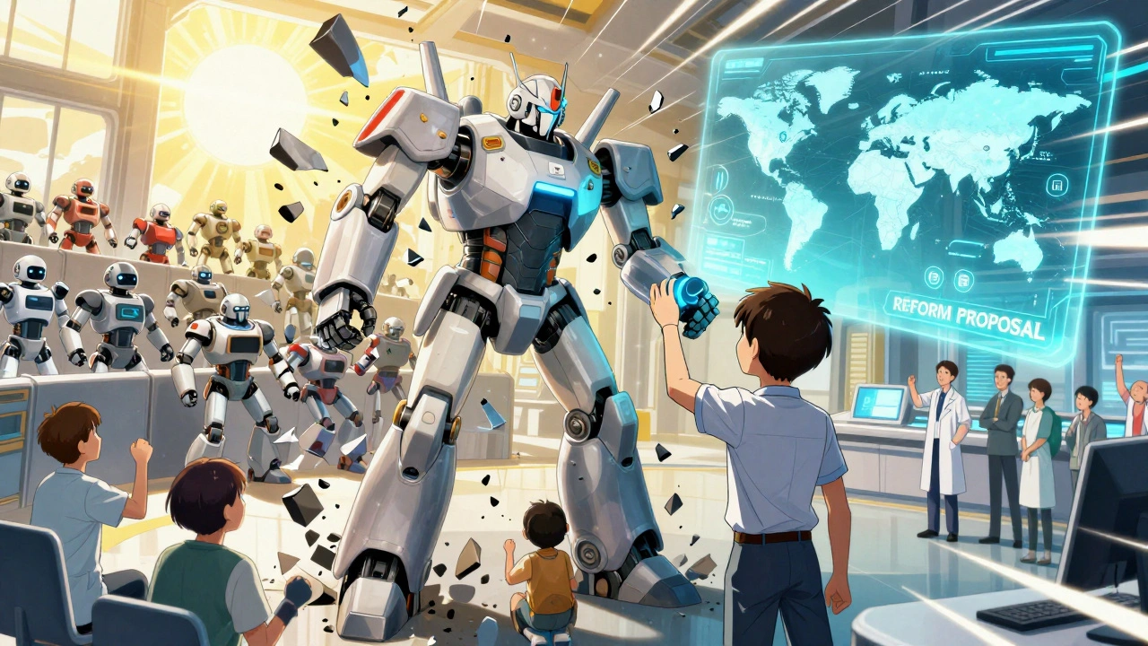 A reform switch is flipped, destroying the exclusivity robot as multiple generic robots surge forward under sunlight.