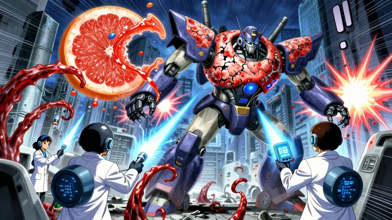 A robot battling a toxic monster made of grapefruit juice and alcohol, with medical heroes fighting back.