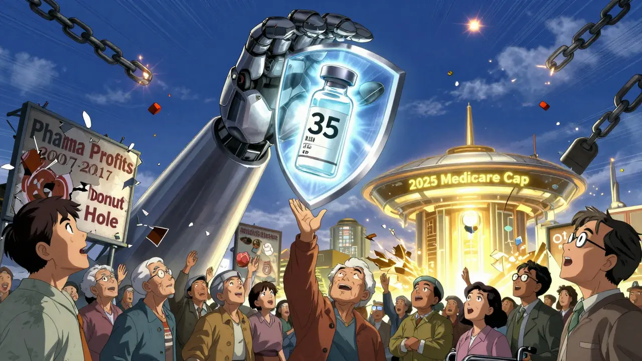 A robotic arm offers a glowing  insulin vial to hopeful people below as old financial barriers break apart.