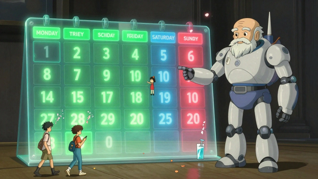 A robotic guardian stabilizing a weekly calendar to balance weekend eating habits.