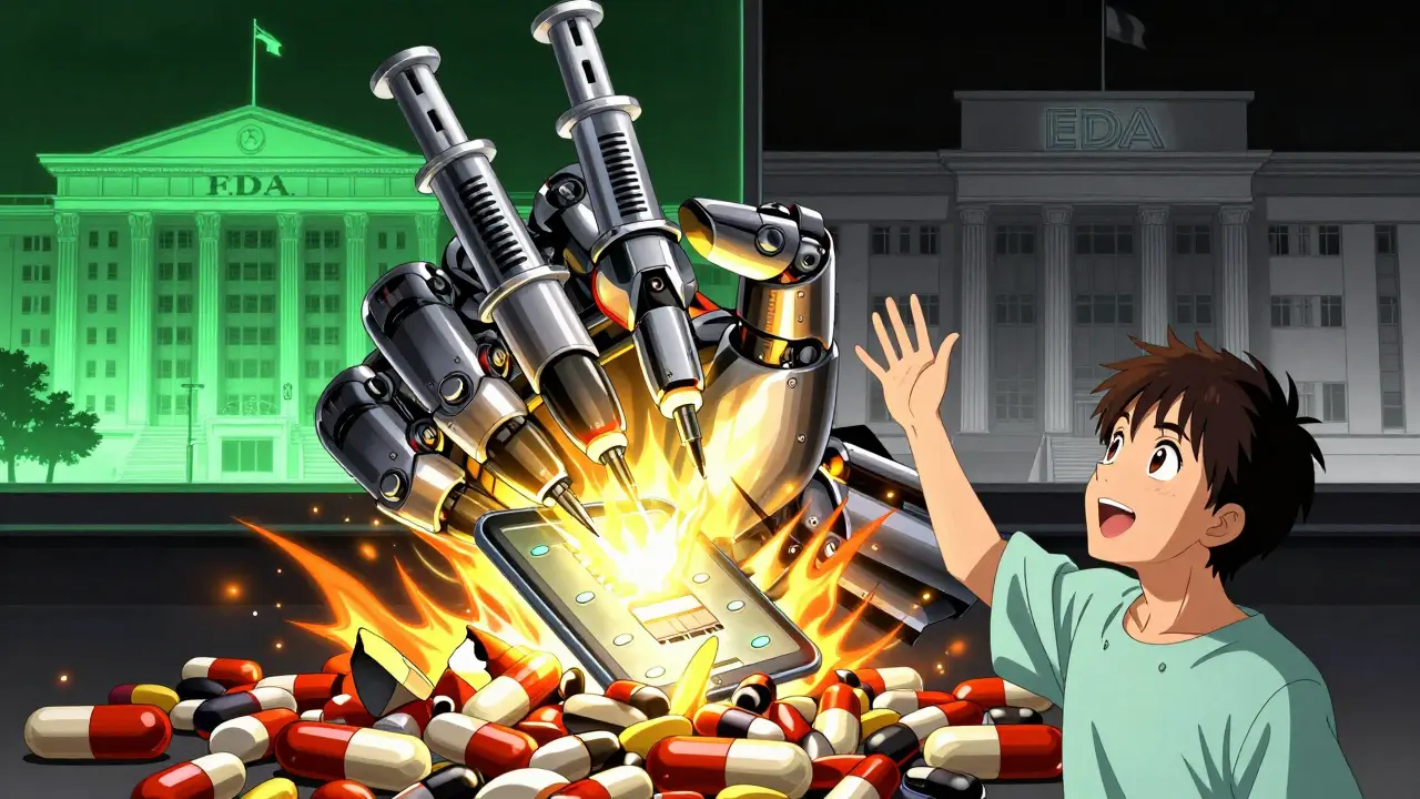 A robotic hand crushing cheap pills while a smart tablet emerges, with U.S. and EU buildings in background.