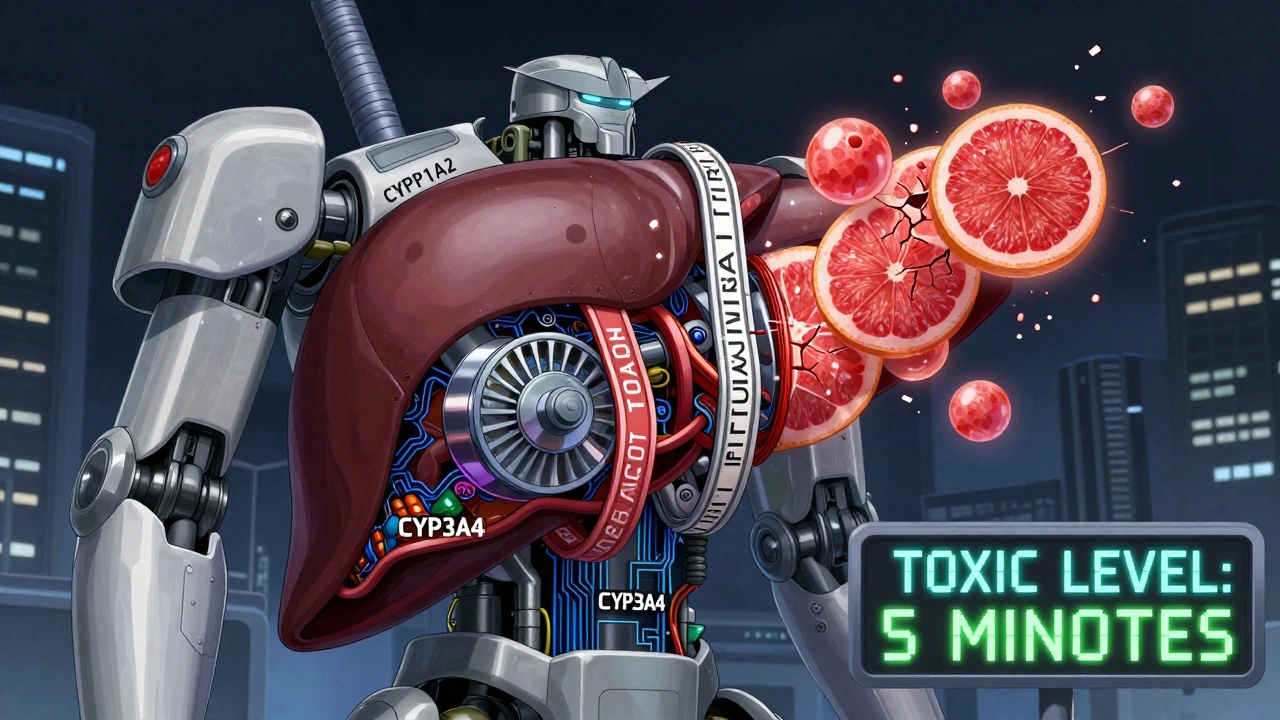 A robotic liver with broken enzyme turbines, choked by toxic drug chains and glowing warning orbs.