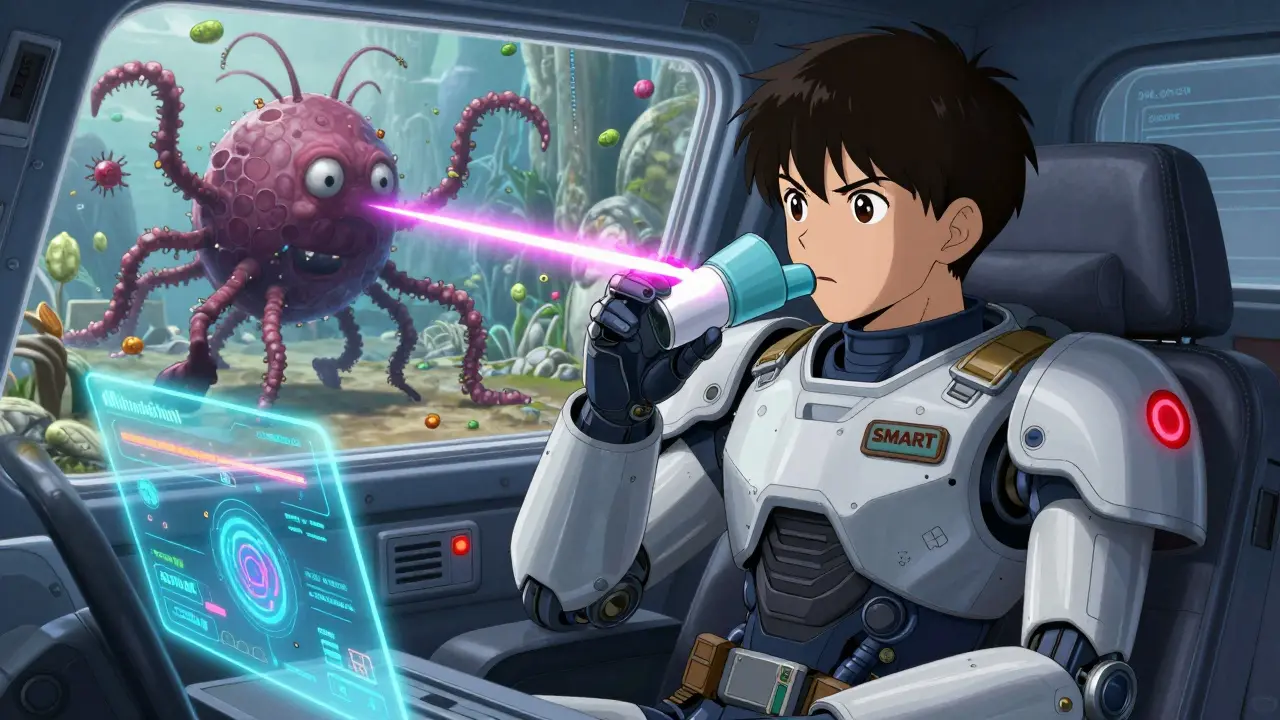 A teen pilot in a smart inhaler cockpit fighting allergen monsters with holographic data.