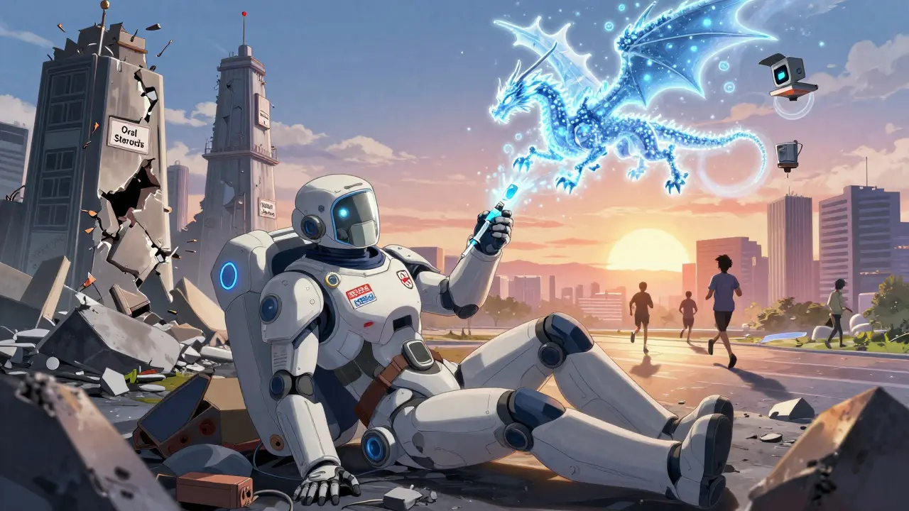 A warrior receiving a biologic serum that turns into a dragon, replacing crumbling steroid towers.