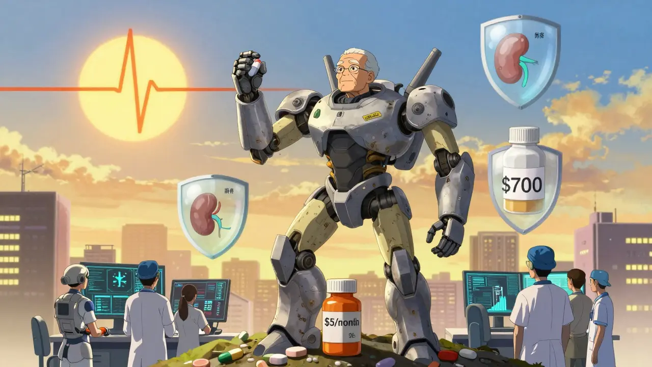 An elderly patient’s mech body holding a low-cost digoxin pill, shielded by health icons under a rising ECG sun.
