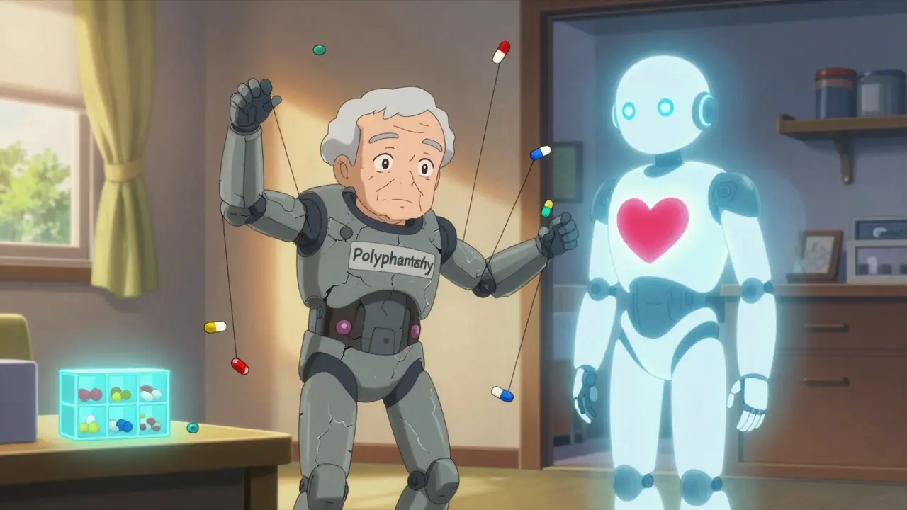 An elderly person in a crumbling exosuit surrounded by floating pills, protected by a gentle guardian robot.